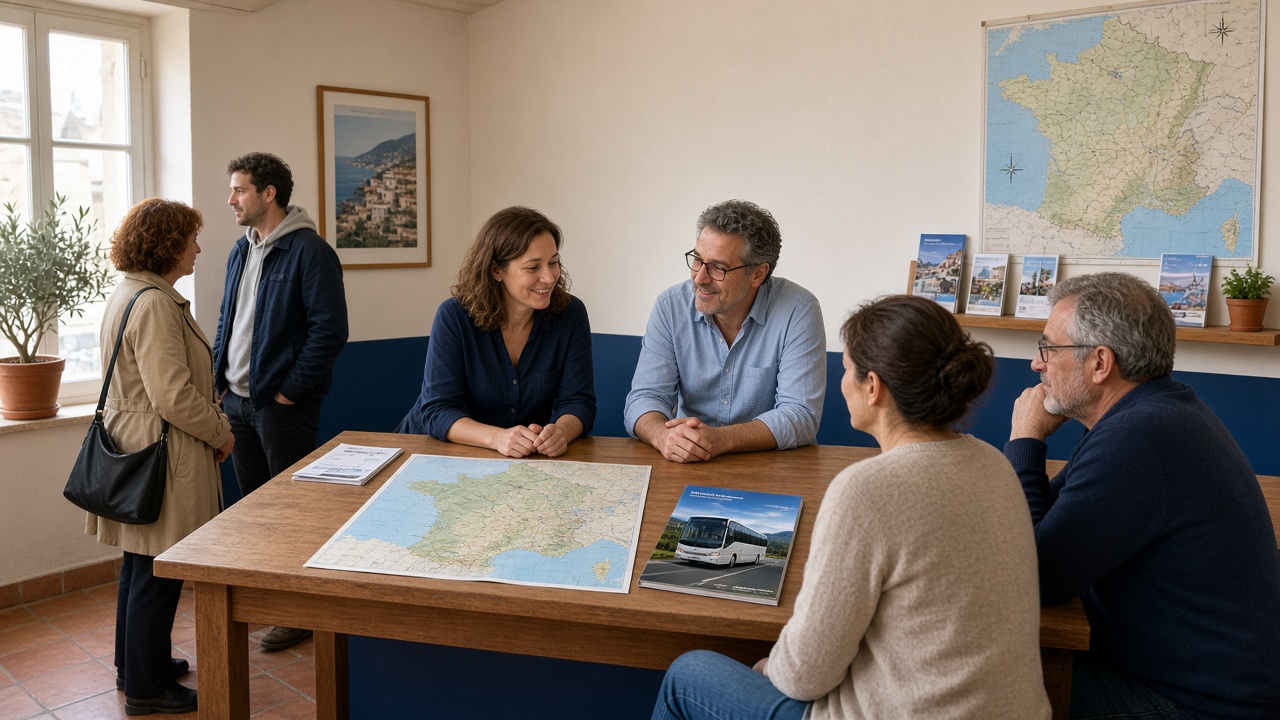 Bureau Brorlilder : carte de France sur la table, discussion autour d'un circuit