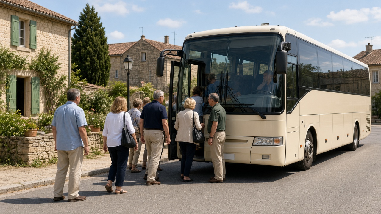 Autocar de grand tourisme, voyageurs qui montent à l'avant
